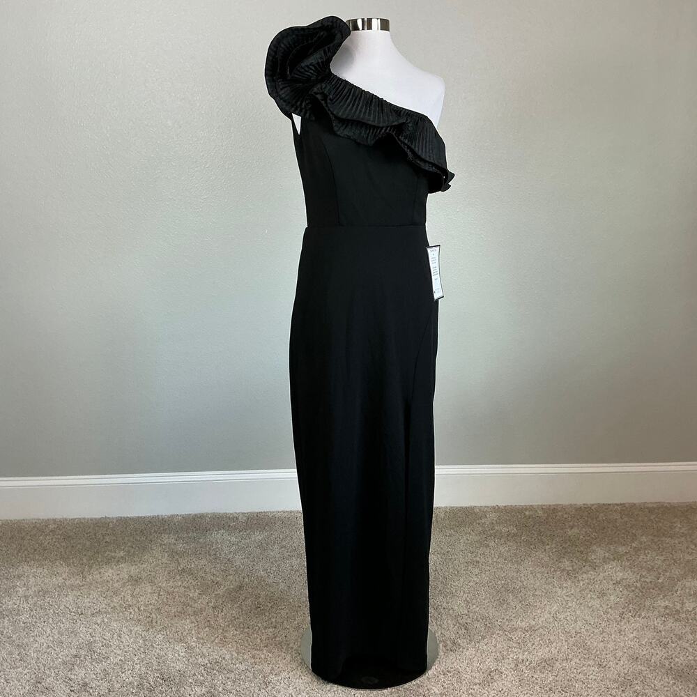 XSCAPE Black Evening Gown Pleated Ruffle One Shoulder Formal Column Dress Size 6 - Picture 2 of 12